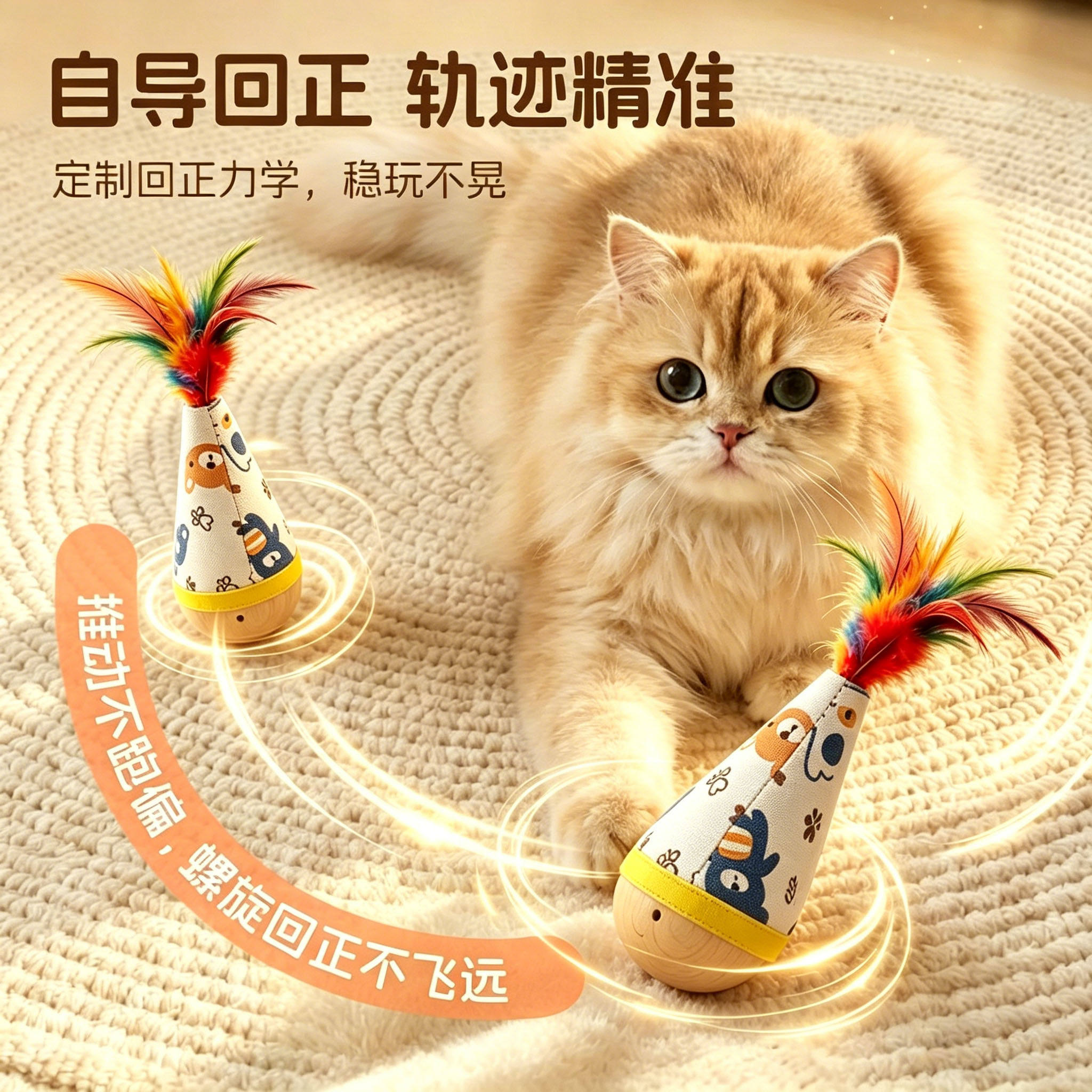 榉木羽毛不倒翁猫玩具自导回正耐抓解闷猫咪自嗨用品逗猫棒木质