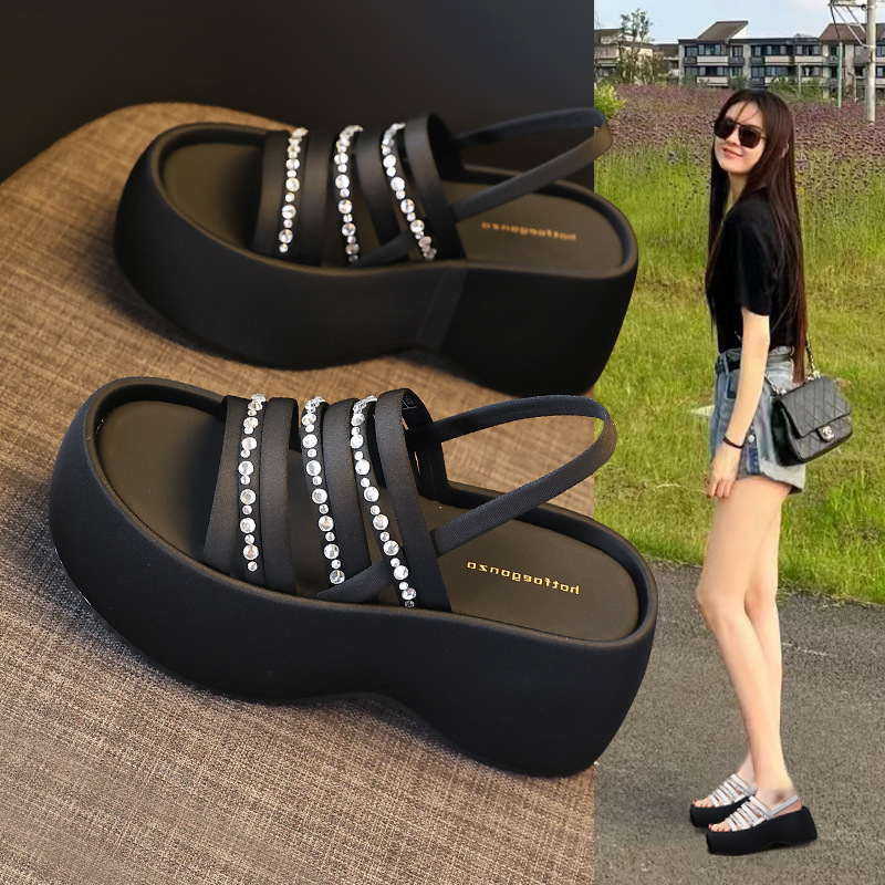 香港潮小个子厚底增高时尚水钻露趾凉鞋女2025夏季新款松糕罗马鞋