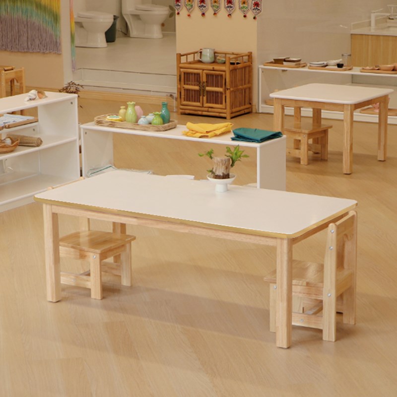 蓝精灵实木混搭色儿童桌椅套装白色幼儿园成套桌椅宝宝游戏桌课桌