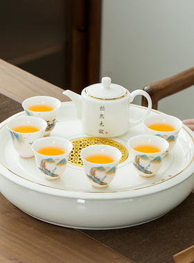 福京圆形茶盘陶瓷茶具大号干泡羊脂玉瓷茶托盘储水功夫茶器泡茶海