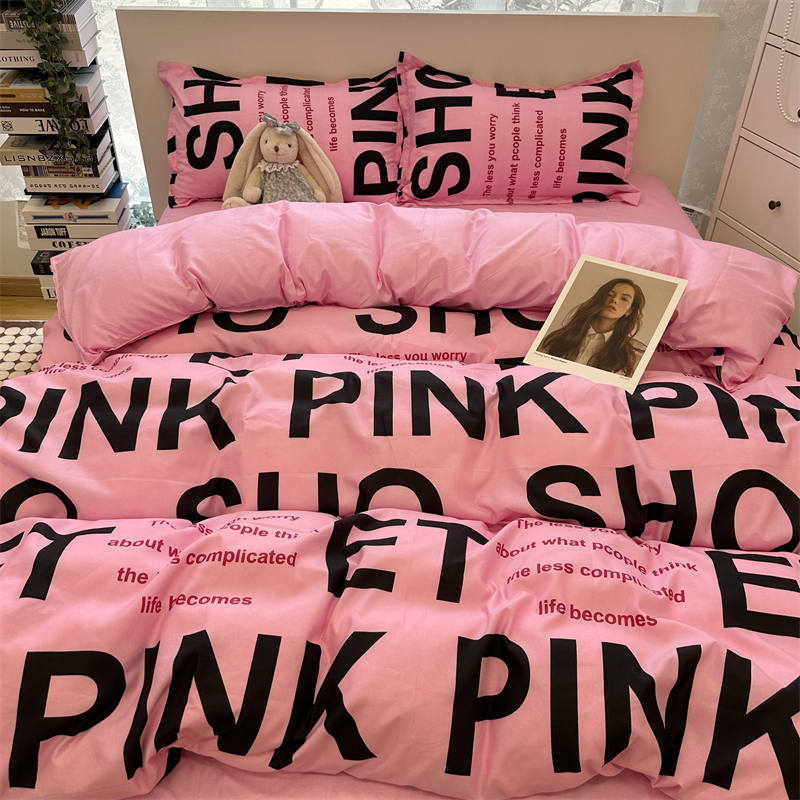 ins粉色字母水洗棉四件套床单被套学生宿舍单人三件套床品少女心