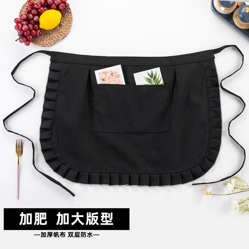 加肥加大半身围裙双层加厚防水防油耐磨帆布围腰罩衣木耳边纯黑色