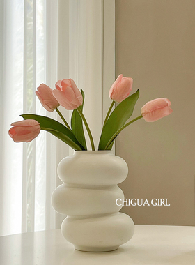 郁金香创意甜甜圈摆件客厅白色陶瓷花瓶加仿真花民宿家居装饰花器