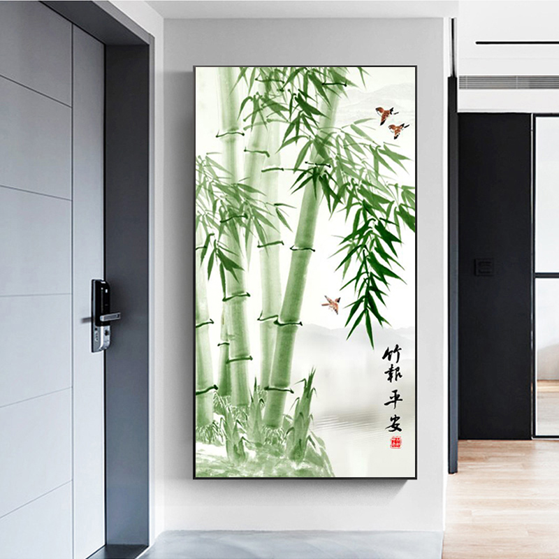 竹报平安玄关钻石画新款2023年客厅挂画竹子点贴砖石画竖版十字绣