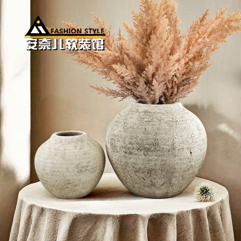 土灰色粗粒陶罐花瓶做旧质感水培花器复古家居样板间民宿陶瓷摆件