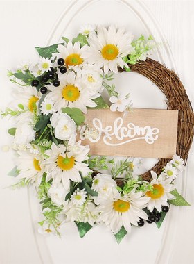 森系仿真花壁挂白色向日葵半边花环家居室内装饰门挂庭院橱窗挂件