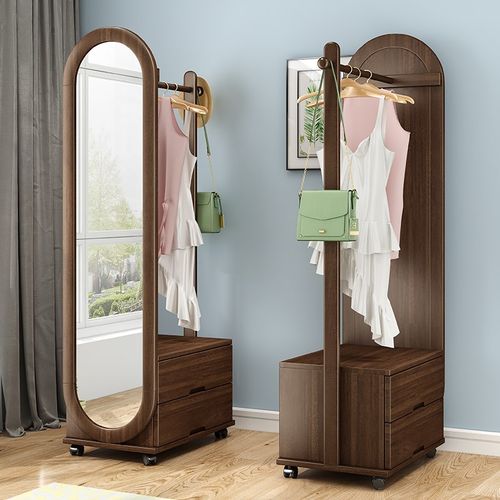 实木衣帽架带万向轮挂衣架可移动胡桃木穿衣镜一体落地卧室多功能