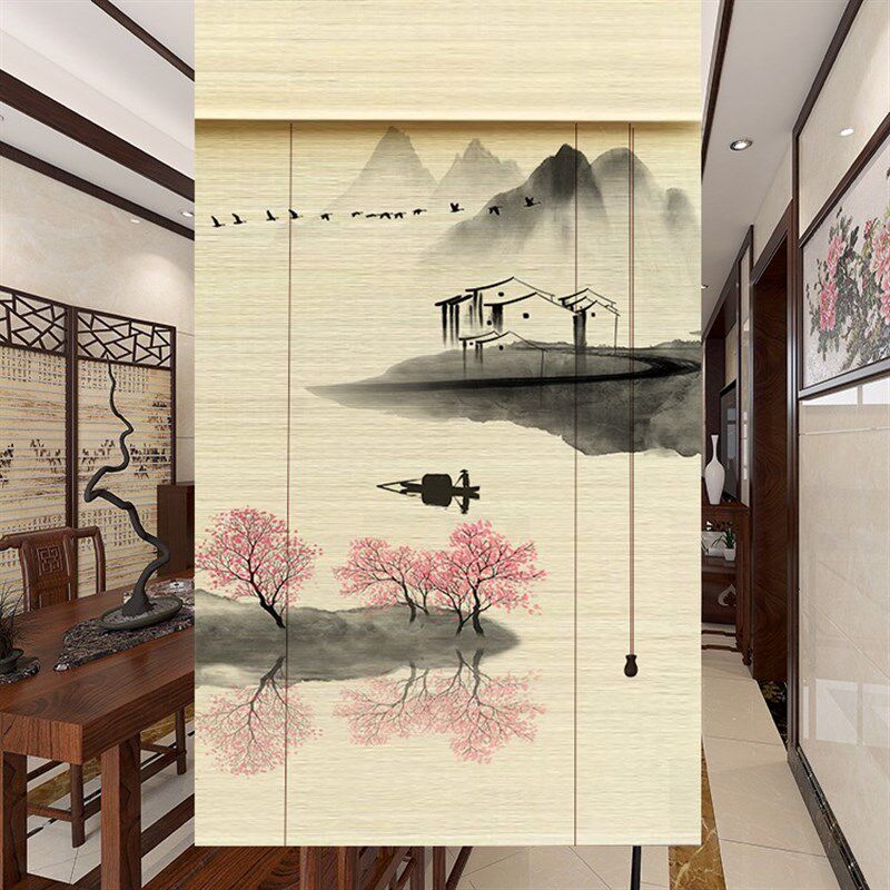竹帘卷帘遮光双面印意境山水竹窗帘中式古风拉绳双面印花帘子复古