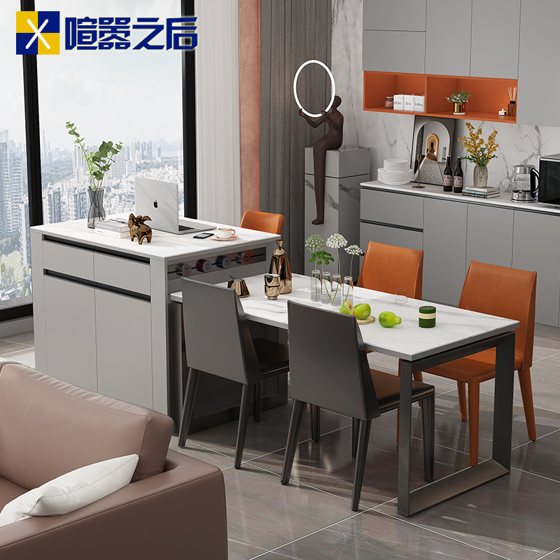 意式轻奢岩板岛台餐桌一体家用吧台桌开放式厨房餐边柜茶水柜8E8