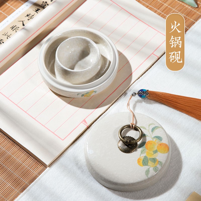 陶瓷火锅砚台不干墨青瓷汝窑砚台书法墨水双圈保湿防蒸发初学者练