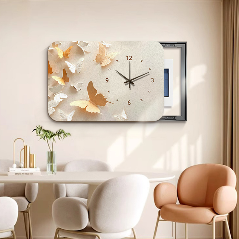 奶油风电表箱装饰画2024新款配电箱电闸盒带钟表挂钟餐厅遮挡挂画