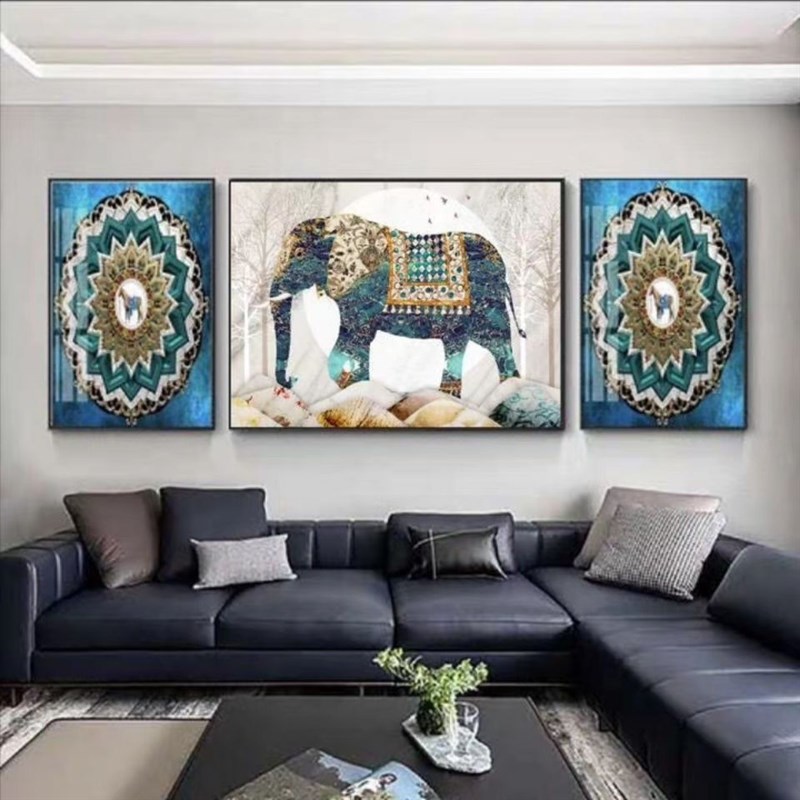 大象客厅装饰画高档时尚镶钻晶瓷三联壁画现代轻奢沙发背景墙挂画图片