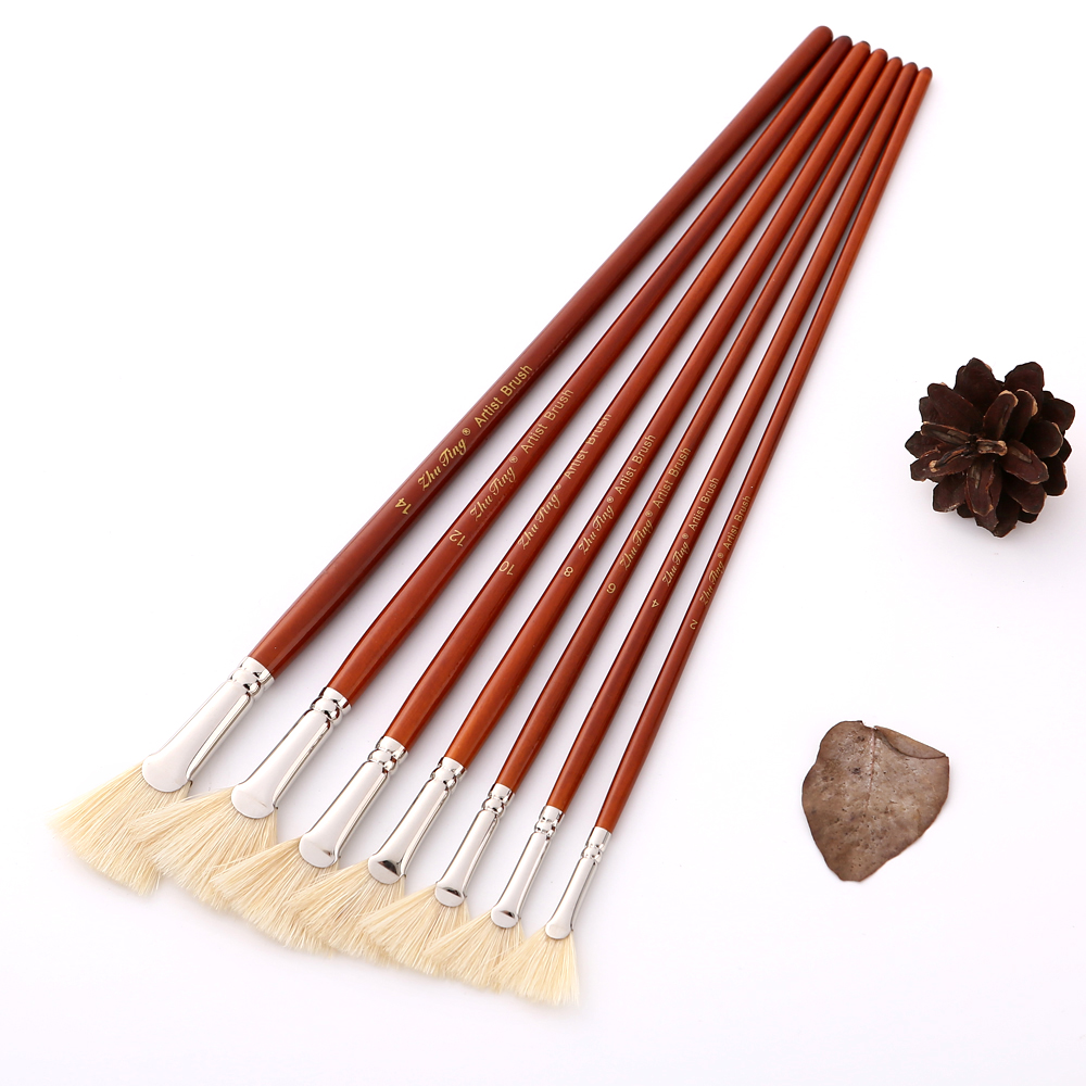 7支猪鬃扇形笔水粉笔 透明红长杆油画笔鱼尾扇 猪毛画笔水彩丙稀