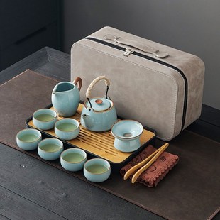 家用户外便携喝茶盖碗茶壶茶杯泡茶礼 天青汝窑旅d行功夫茶具套装