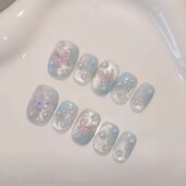 手工儿童穿戴甲女童美甲指甲贴冰蓝蝴蝶纯手工夏日蓝色晕染猫眼蝴