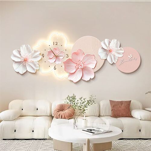 奶油风客厅装饰画带钟表创意花卉沙发背景墙挂画卧室床头发光壁画