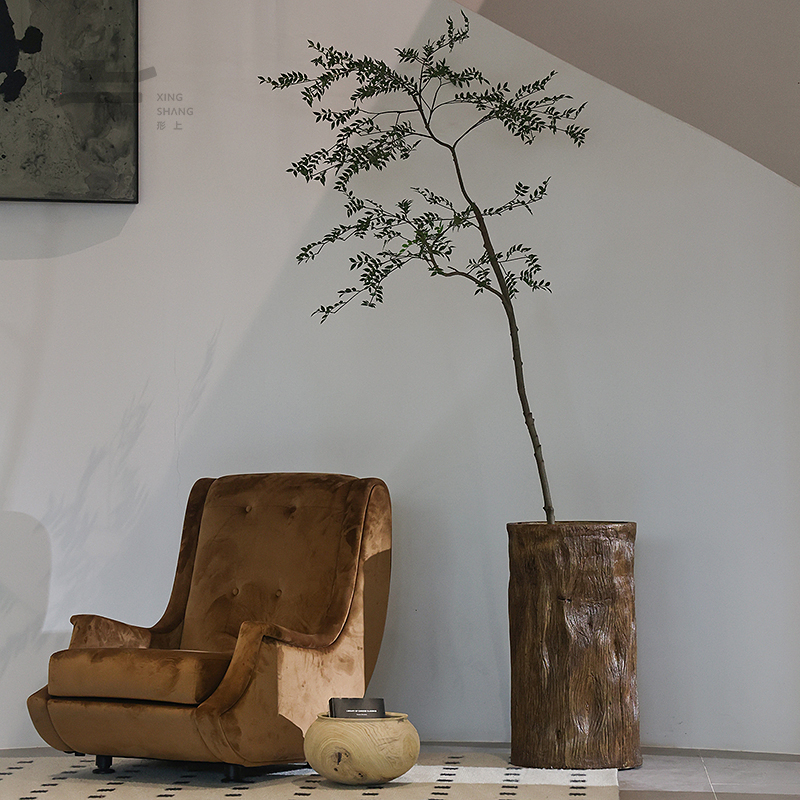 侘寂中古风仿木桶落地花瓶摆件酒店民宿餐厅复古仿真绿植水泥花器