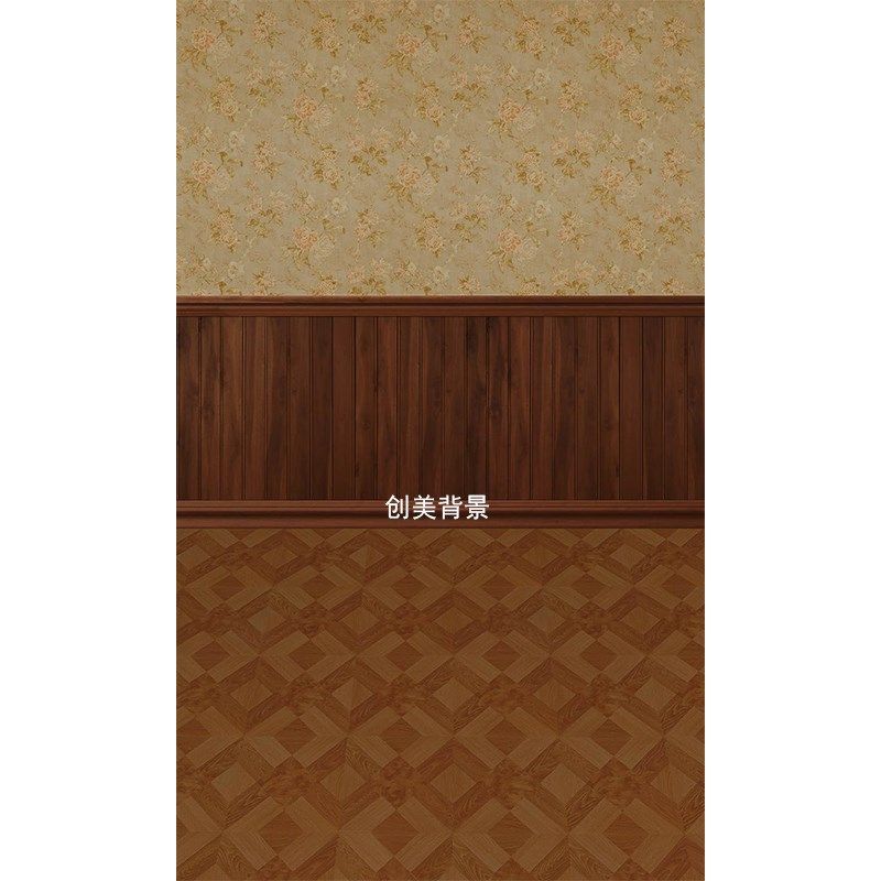 创美影楼室内法式全家福背景影棚碎花壁画复古墙纸拍照摄影背景