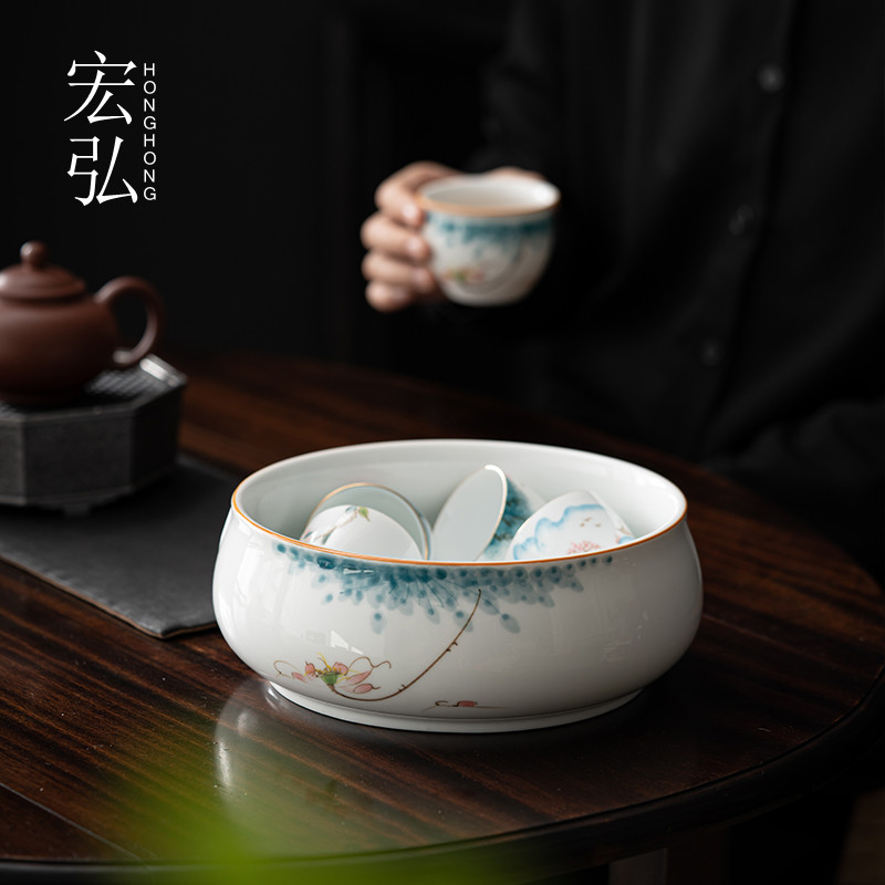 手绘白瓷茶洗大号家用笔洗水盂茶渣缸杯洗盆陶瓷茶具配件茶道零配