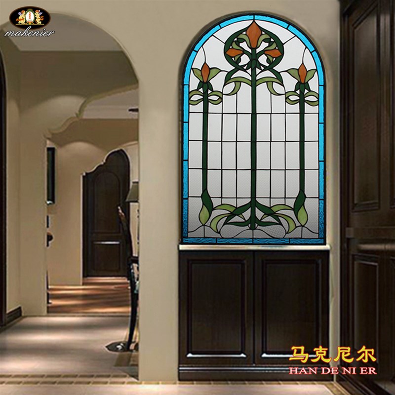 定制拱形彩色教堂艺术隔断屏风推拉门窗欧式复古镶嵌装饰透光玻璃