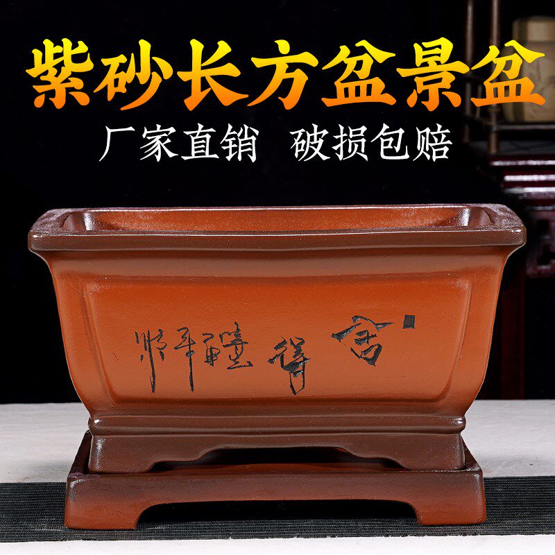 紫砂盆景长方形紫砂花盆室内阳台花卉文竹梅花带托盘老桩盆专用盆
