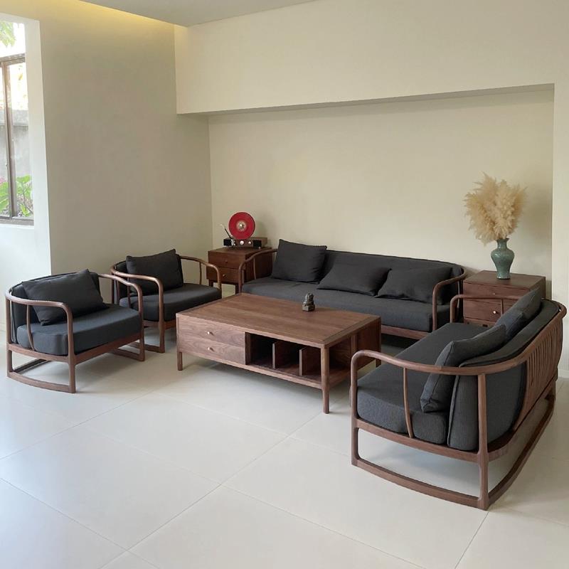 新中式北美黑胡桃木沙发宋式美学禅意实木布艺客厅简约办公室家具