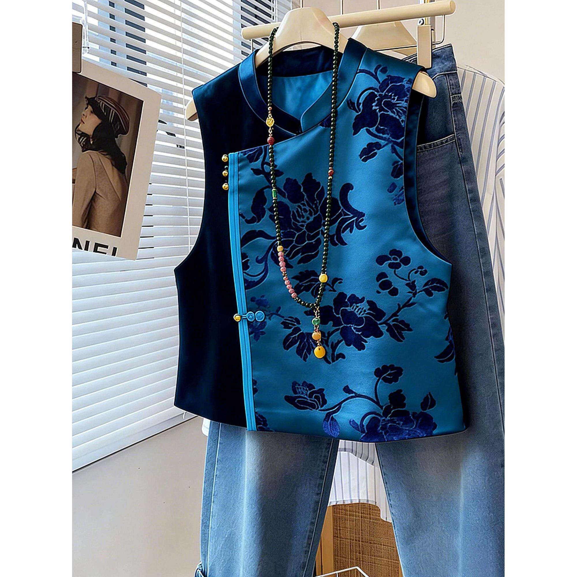 新中式国风盘扣刺绣马甲女立领植物花卉蓝色叠穿背心