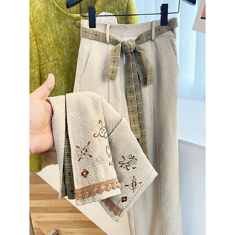 高腰系带阔腿裤女加厚刺绣长裤