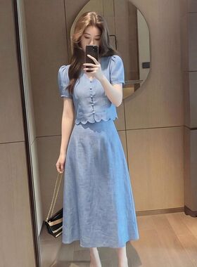 2026新款大尺码蓝色甜美温柔风套装女夏季显瘦两件套减龄半身裙套