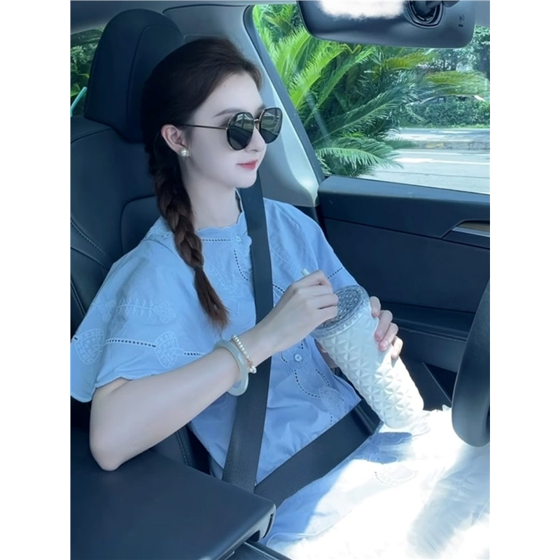 法式小众蓝色花边短袖衬衫女图片