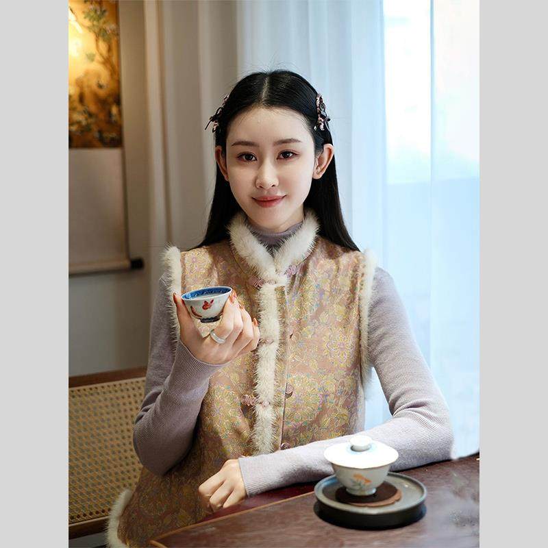 2025冬季新中式宋锦马甲女冬季水貂毛领百搭气质立领国风内搭坎肩,女装/女士精品,大码内搭,淘宝优惠券,粉丝福利购,淘宝优惠卷