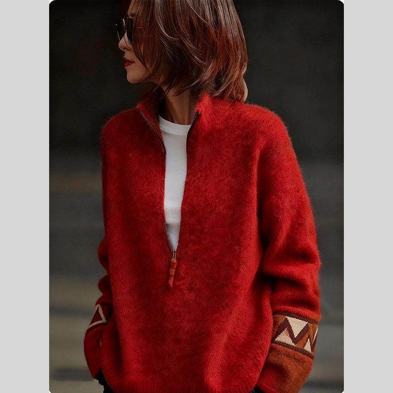 慵懒风红色半拉链针织毛衣女2026新款宽松显瘦洋气内搭韩系上衣,女装/女士精品,大码内搭,淘宝优惠券,粉丝福利购,淘宝优惠卷