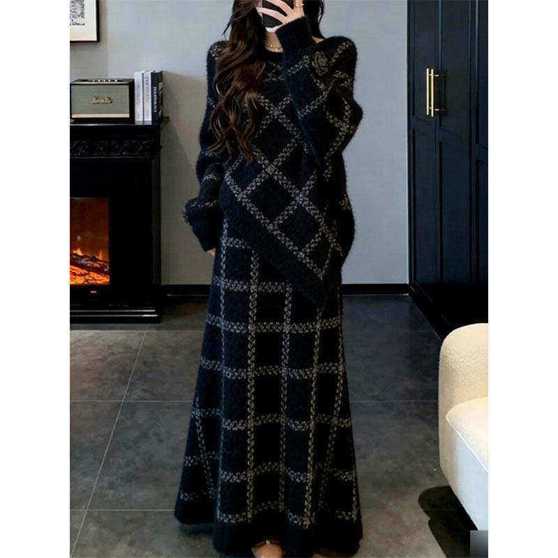 温柔慵懒风格子毛衣半身裙两件套女秋冬显瘦大码套装宽松针织休闲,女装/女士精品,大码套装,淘宝优惠券,粉丝福利购,淘宝优惠卷