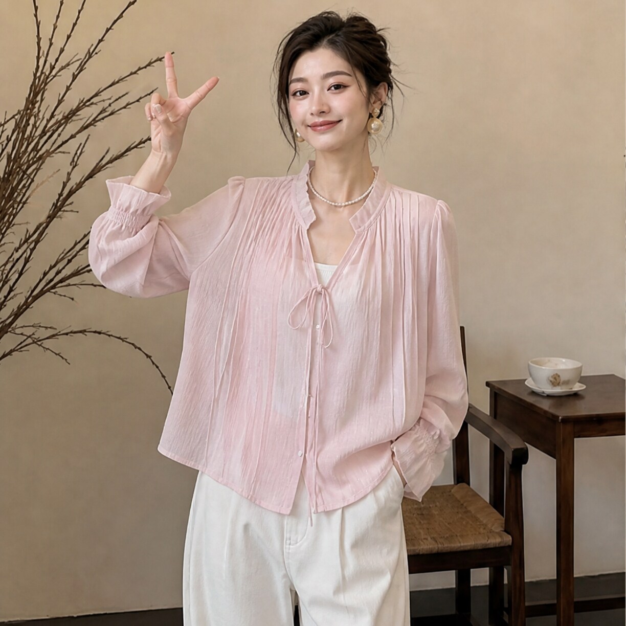 法式温柔风系带灯笼袖衬衫女2026新款高级感小个子防晒上衣图片