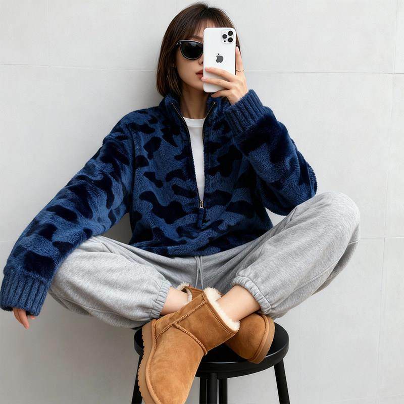 2026慵懒风独特复古牛角扣开衫迷彩长袖针织毛衣女蓝色宽松外套,女装/女士精品,常规大码外套,淘宝优惠券,粉丝福利购,淘宝优惠卷