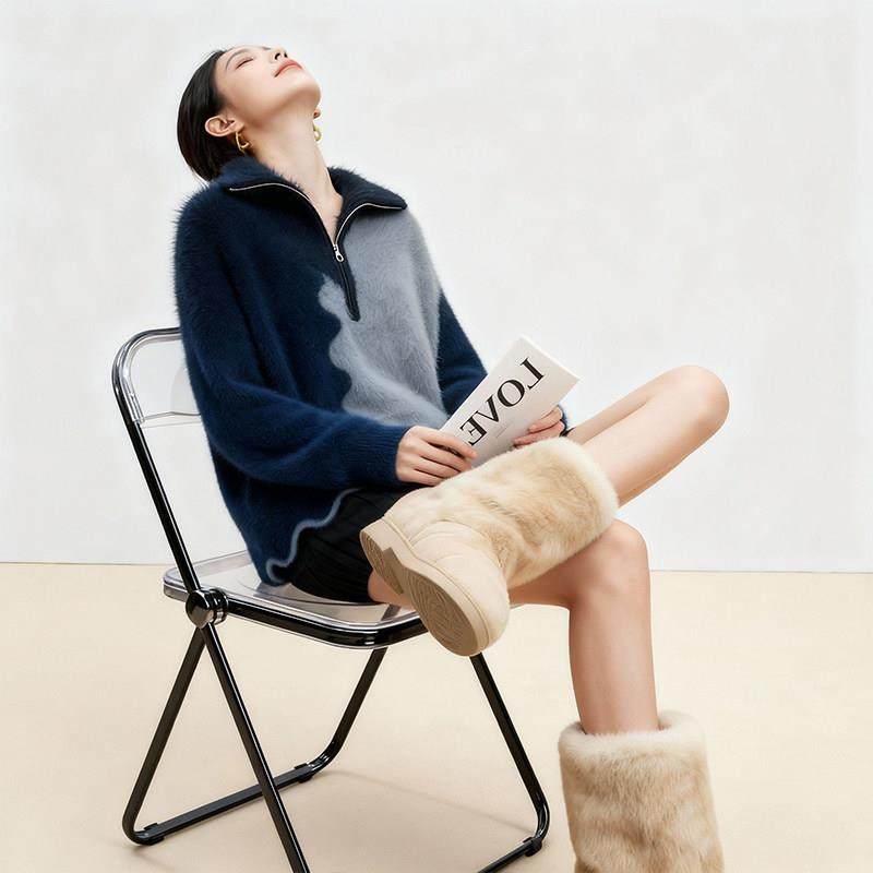 2026春春新款慵懒风拼色半拉链针织衫女长袖宽松显瘦百搭毛衣,女装/女士精品,大码内搭,淘宝优惠券,粉丝福利购,淘宝优惠卷