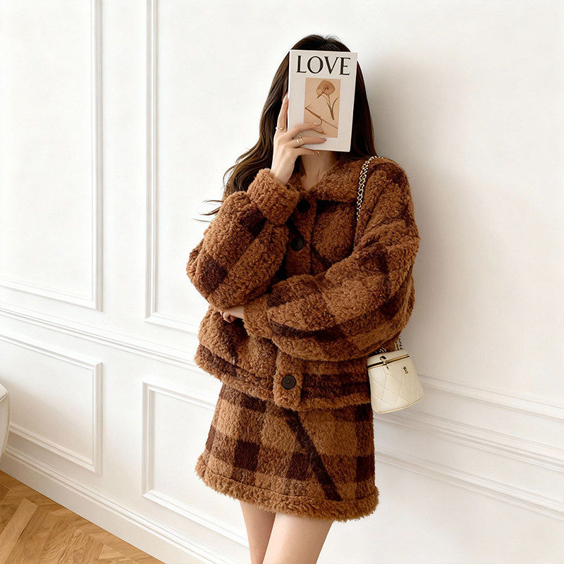 秋冬新款千金风泰迪毛绒套装女秋冬显瘦高级感大码格子两件套2026,女装/女士精品,大码套装,淘宝优惠券,粉丝福利购,淘宝优惠卷