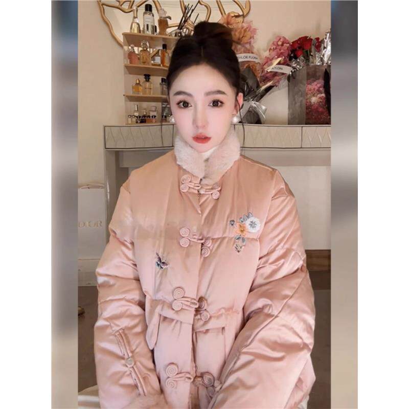 新款夹棉立领粉色保暖棉服外套