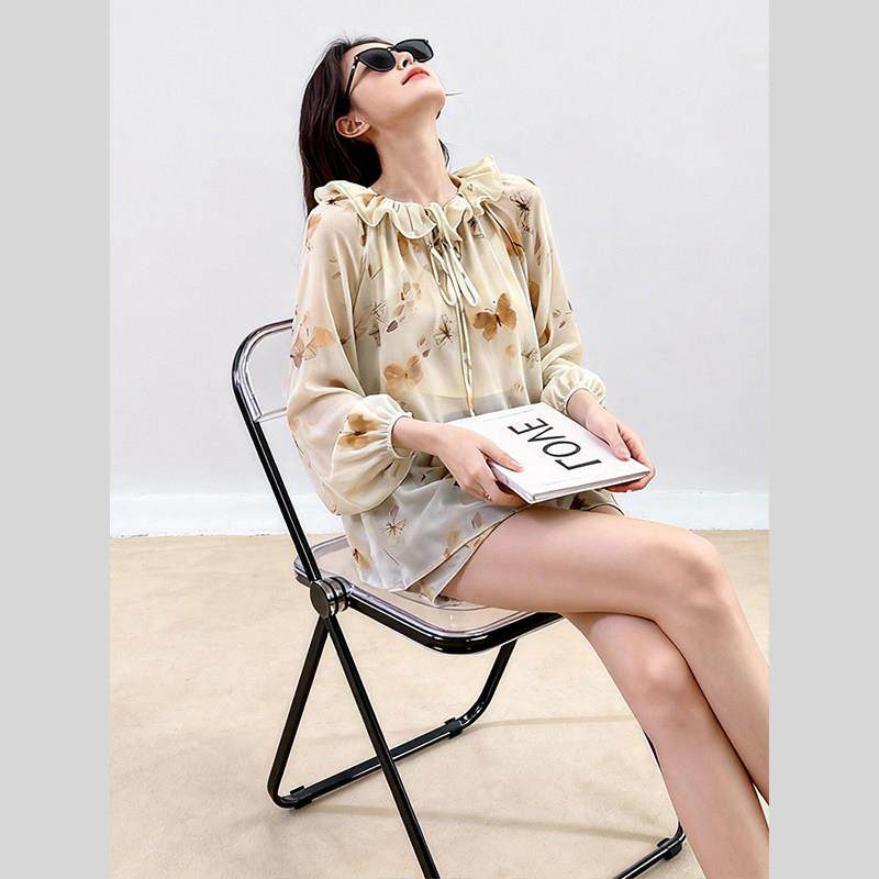 韩系chic独特别致上衣超好看绝美杏色蝴蝶印花荷叶边系绳衬衫女秋,女装/女士精品,大码内搭,淘宝优惠券,粉丝福利购,淘宝优惠卷