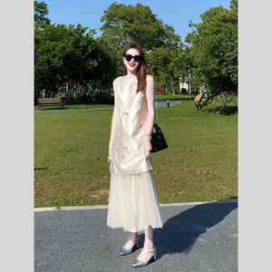 轻奢高级感洋气减龄蝴蝶结无袖背心上衣网纱半身裙连衣裙两件套装