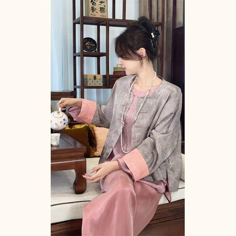 新中式女装2025春款国风盘扣唐装高端粉色上衣外套裤子套装小个子,女装/女士精品,常规大码外套,淘宝优惠券,粉丝福利购,淘宝优惠卷