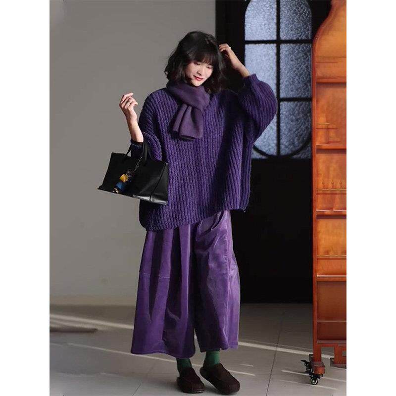 2025新款慵懒风复古风紫色毛衣灯芯绒阔腿裤套装女秋冬慵懒两件套,女装/女士精品,大码套装,淘宝优惠券,粉丝福利购,淘宝优惠卷