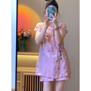 2025超火夏装一整套高级感清冷感禅意新中式国风上衣短裤两件套装