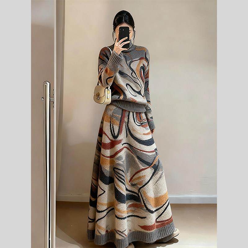 2025秋冬新款通勤风印花毛衣两件套女冬季宽松显瘦A字裙套装洋气,女装/女士精品,大码套装,淘宝优惠券,粉丝福利购,淘宝优惠卷