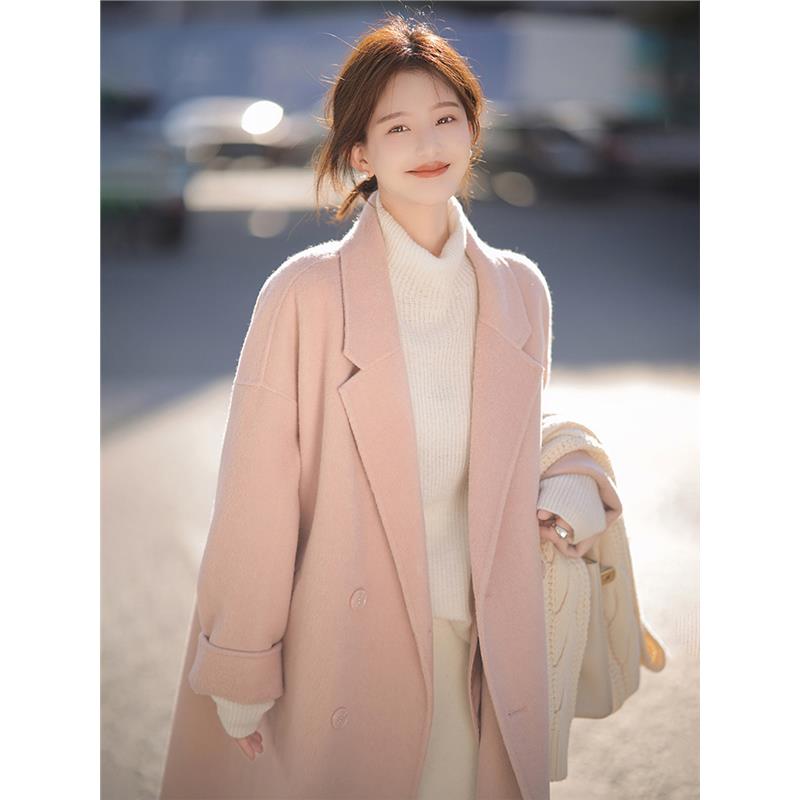 粉色双面呢子大衣中长款毛呢外套