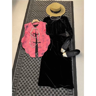 2025新款女装新中式国风盘扣上衣黑色金丝绒连衣裙马甲套装