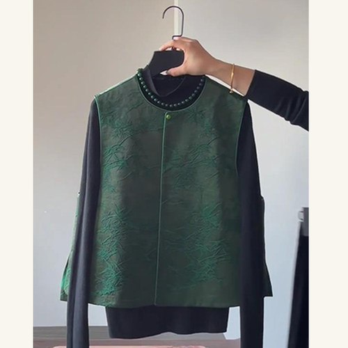 新中式女装国风绿色提花马甲