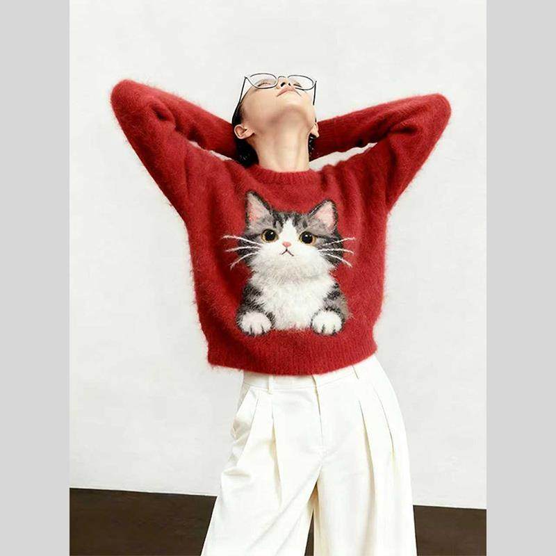 2025秋冬新款可爱猫咪卡通毛衣女红色长袖慵懒针织衫秋冬内搭上衣,女装/女士精品,大码内搭,淘宝优惠券,粉丝福利购,淘宝优惠卷
