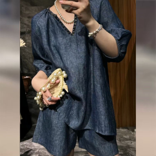 上衣女装 新款 小香风蓝色v领衬衫 2025年夏季 高腰宽松阔腿短裤 套装
