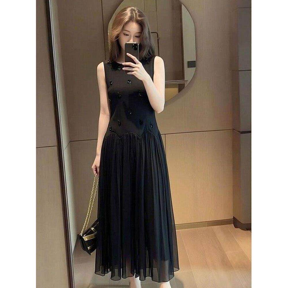 黑色无袖压褶连衣裙女收腰显瘦高级感气质御姐风长裙修身显瘦优雅